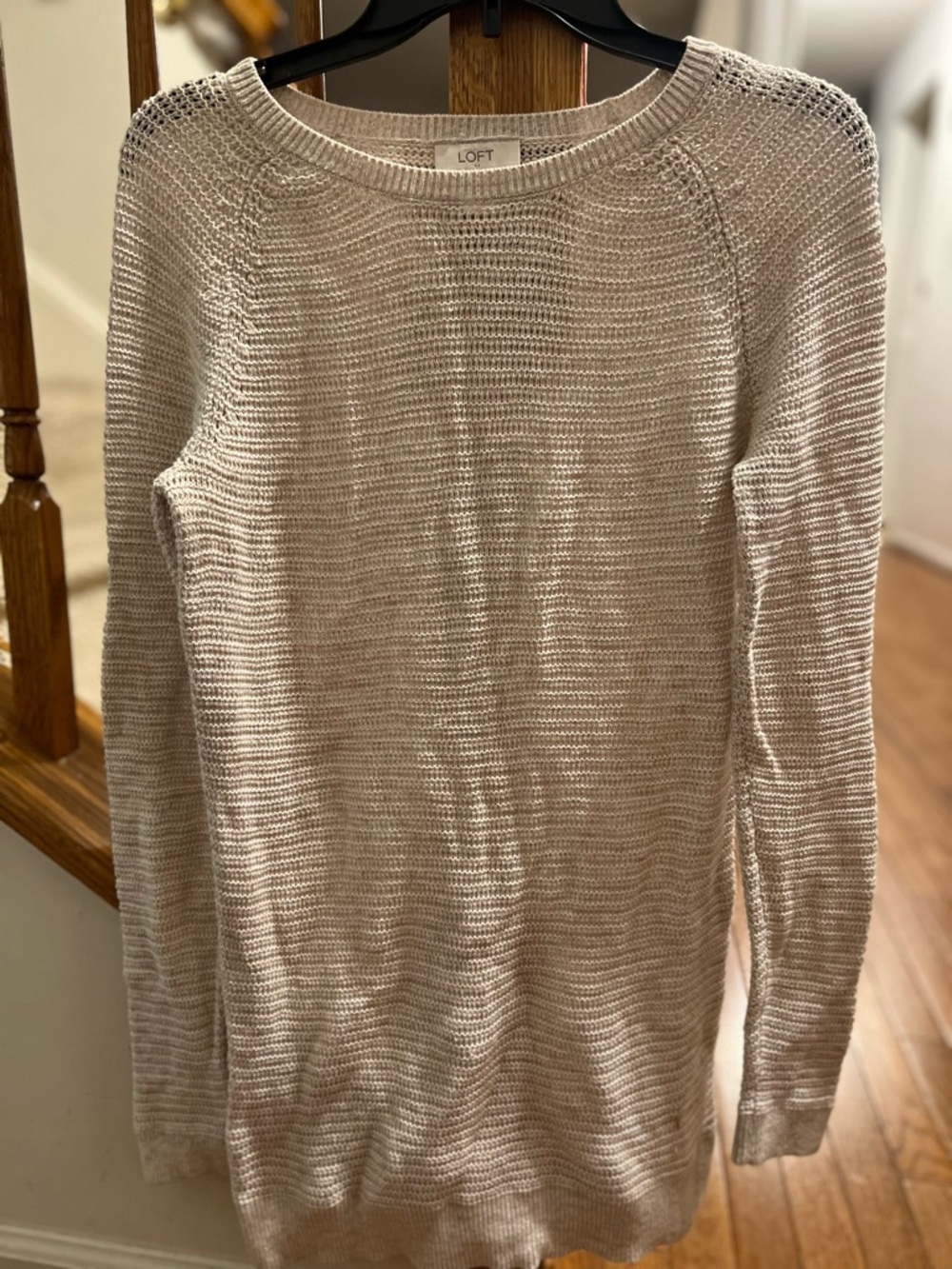 LOFT Neutral Beige Open-Weave Crewneck Sweater